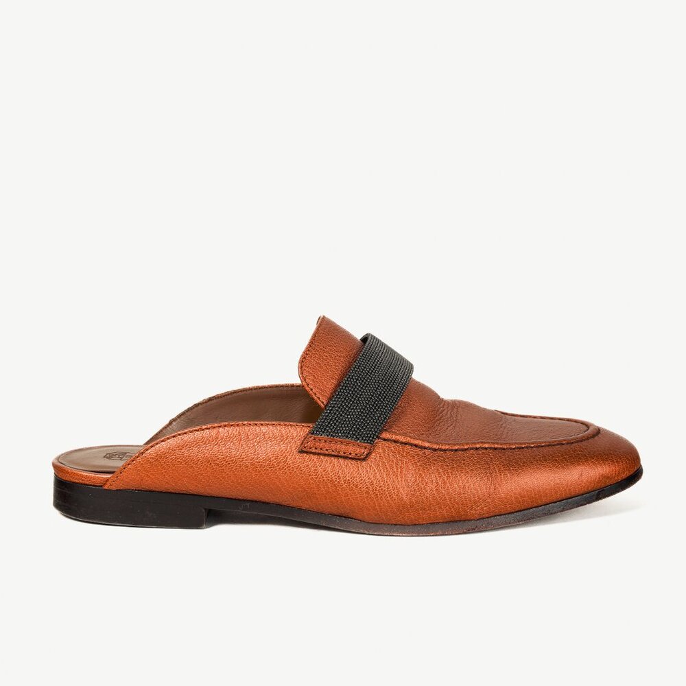 Brunello Cucinelli Metallic Copper Orange Monili Loafer Mule